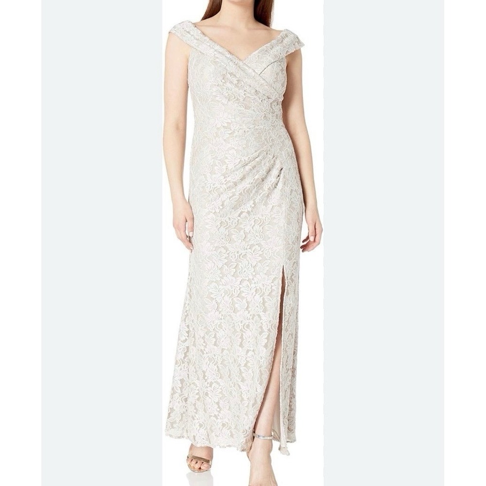 Alex Evenings Ivory Beige Glitter Lace Off Shoulder Formal‎ Maxi Dress Size 10